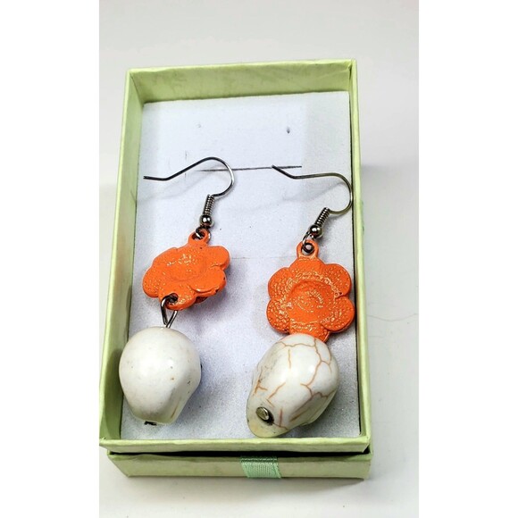 Gothic Dia De Los Muertos Skull Earrings Orange Marigold Floral Dangle Boho - Picture 2 of 8